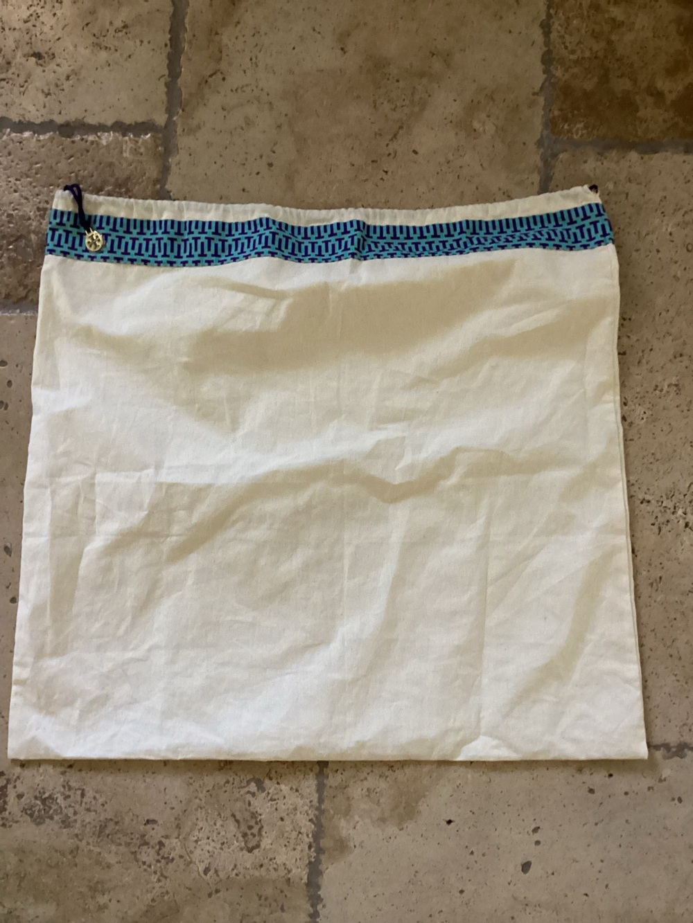 TORY BURCH Canvas Dust Bag Tote 23 x 24 Blue Trim Gold Logo Pull Drawstring